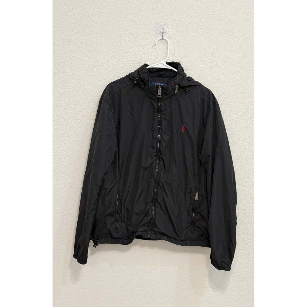 Polo Ralph Lauren Mens XL Black Windbreaker Jacket Stowaway Hood Red Pony Logo